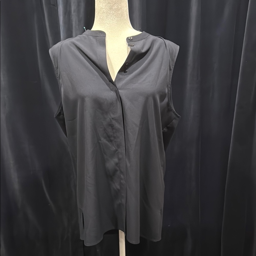 Tory Burch Navy Blue Sleeveless Blouse with Mandarin Collar